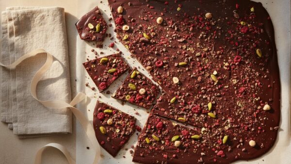 Bruchschokolade selber machen mit Nüssen und Trockenfrüchten als Topping auf Backpapier
