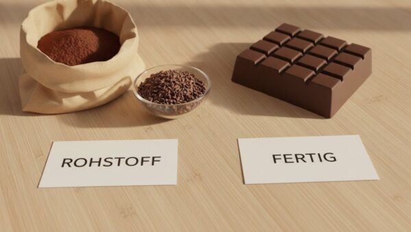 Kostenrechnung Schokolade selber machen: Zutaten auf der Küchenwaage neben fertiger Tafel