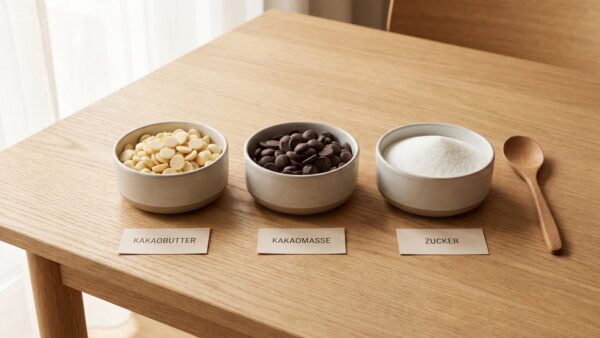 Zutaten für Schokolade selber machen: Kakaobutter, Kakaomasse und Puderzucker auf einem Holzbrett