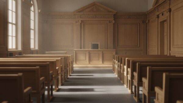 schufa sammelklage bild 2 Leerer Gerichtssaal mit Holzbänken und erhöhtem Richtertisch