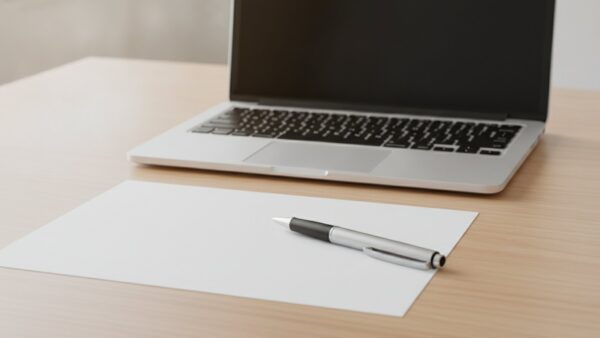 schufa sammelklage bild 3 Laptop mit schwarzem Bildschirm, leeres Blatt und Kugelschreiber auf Holztisch