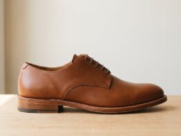 Einzelner schlichter Lederschuh von der Seite auf Holz