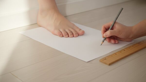 schuhgroesse umrechnen fuss messen FuĂlĂ€nge messen auf Papier als Grundlage, um die SchuhgröĂe umrechnen zu können