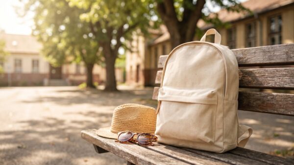 Schulranzen und Sommerhut auf einer Bank vor einem Schulhof