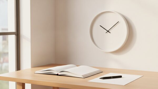 Schreibtisch mit Terminplaner und Wanduhr als Symbol fuer Fristen und Laufzeiten