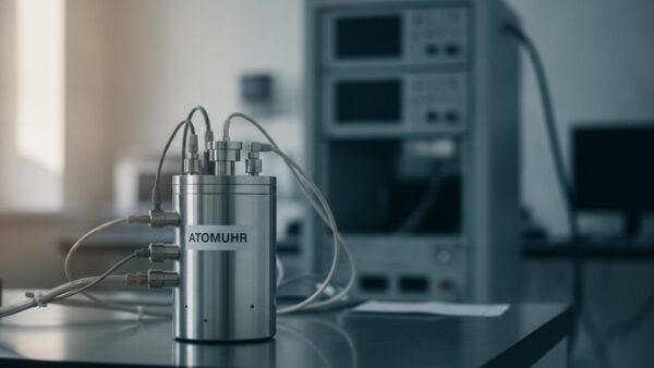 Zylindrischer Praezisionsapparat mit Schild Atomuhr in einem Physiklabor