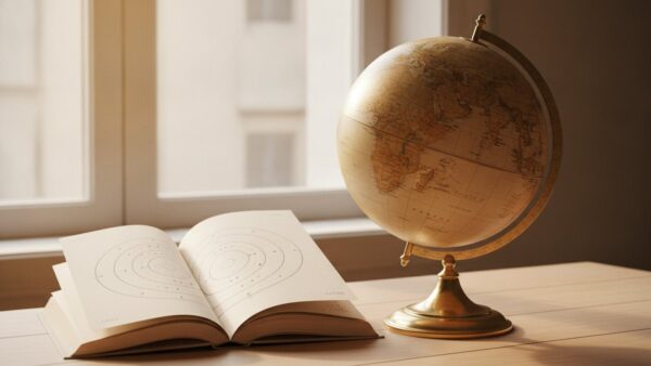 Globus am Fenster neben einem aufgeschlagenen Astronomiebuch mit Umlaufbahn-Zeichnung