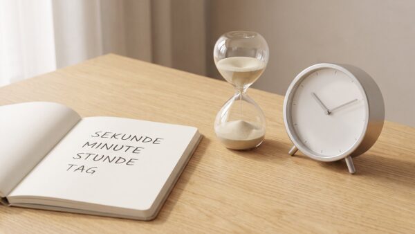 Notizbuch mit den Zeiteinheiten Sekunde, Minute, Stunde und Tag neben Sanduhr und Tischuhr