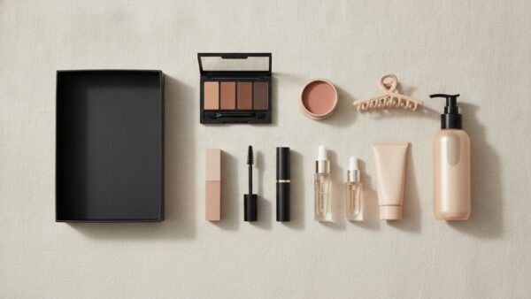 Flatlay mit Lidschattenpalette, Mascara, Serum, Parfumflakon und Haarklammer neben einer Kalenderschachtel