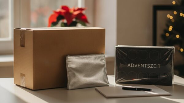 Eingeschweißter Adventskalender neben Versandpaket und silberner Kosmetiktasche auf einem Schreibtisch