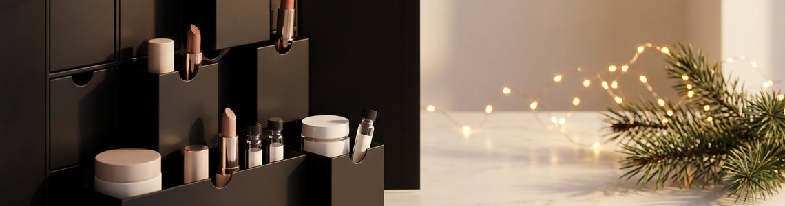 Geöffneter schwarzer Beauty-Adventskalender mit Kosmetikprodukten auf einem Marmortisch