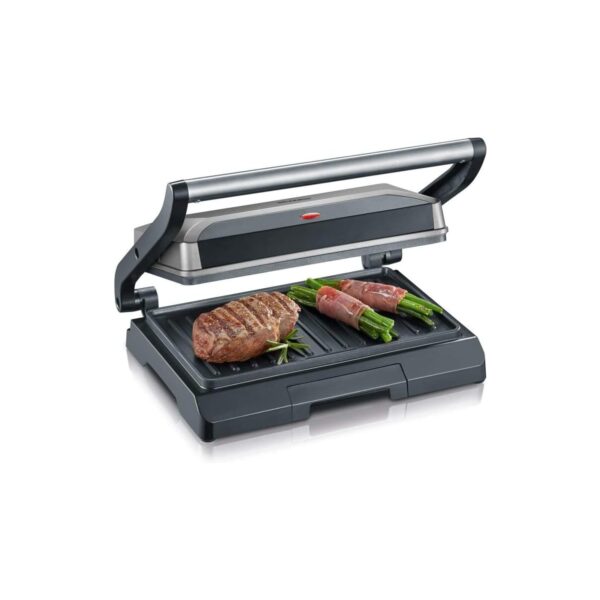 SEVERIN Kontaktgrill für Sandwiches, Steak und als Panini Grill, antihaftbeschichteter Sandwich Maker für fettfreies Grillen, 800 W, metallic grau/schwarz, KG 2394