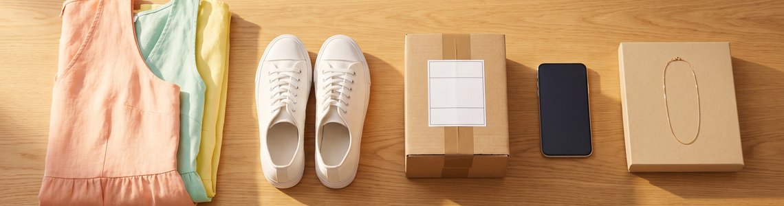 SHEIN Zoll: Kleid, Sneaker, Paket, Smartphone und Schmuck auf dem Tisch