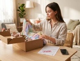 SHEIN-Paket auspacken: Kleid und Sandalen mit Zollformular auf dem Tisch