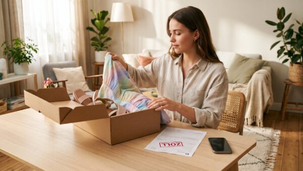 shein zoll paket oeffnen SHEIN-Paket mit Kleid und Sandalen auspacken, daneben das Zollformular