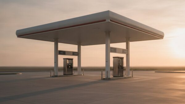 shell clubsmart bild 4 Leeres Tankstellendach aus Metall im Gegenlicht ohne Beschriftung
