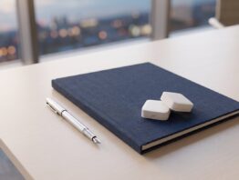 Geschlossener Vertragsordner mit Füllfederhalter und zwei smarten Schaltmodulen auf einem Konferenztisch