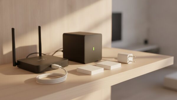 shelly uebernahme bild 2 Mini-Computer als lokale Smart-Home-Zentrale neben einem Router, davor smarte Schaltmodule und ein Zwischenstecker