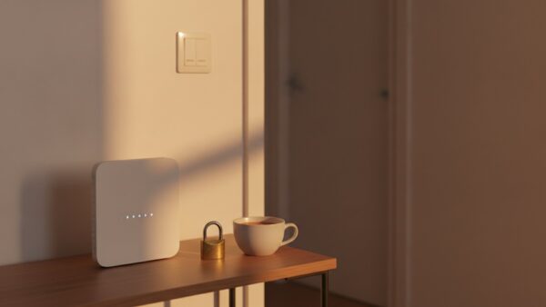 shelly uebernahme bild 3 WLAN-Router und Messing-Vorhängeschloss auf einer Flurkonsole unter einem Lichtschalter