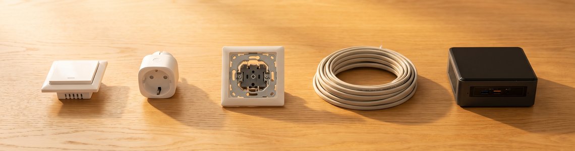 Unterputz-Schaltmodul, smarter Zwischenstecker, Lichtschalter-Rahmen und Mini-Computer auf einem Holzschreibtisch