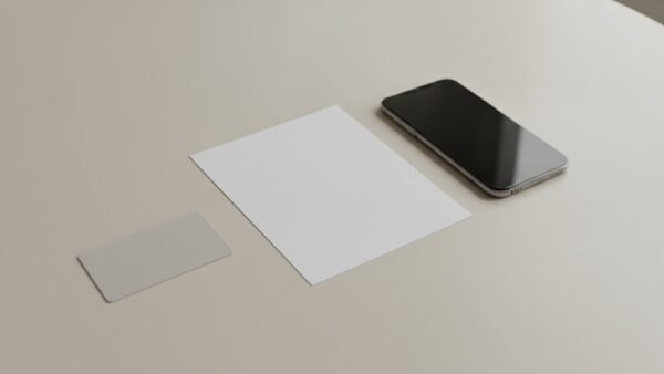Neutrale Karte, leeres Formular und ausgeschaltetes Smartphone auf heller Tischplatte