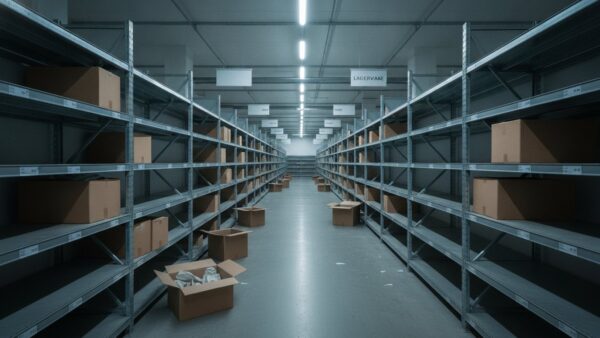 Halbleere Warenregale mit vereinzelten unbeschrifteten Kartons in einem Lagergang