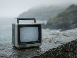Alter tragbarer Röhrenfernseher mit Bildrauschen auf einer nassen Steinmauer vor nebliger Küste