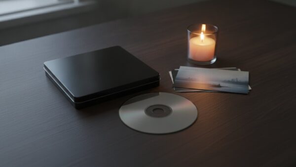 silent hill townfall bild 2 Unbedruckte schwarze Metall-Spielehülle und Datenträger-Scheibe auf einem Holztisch im Kerzenlicht
