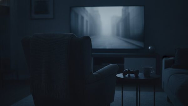 silent hill townfall bild 3 Abgedunkeltes Wohnzimmer mit leerem Sessel vor einem Fernseher, der eine neblige Gasse zeigt