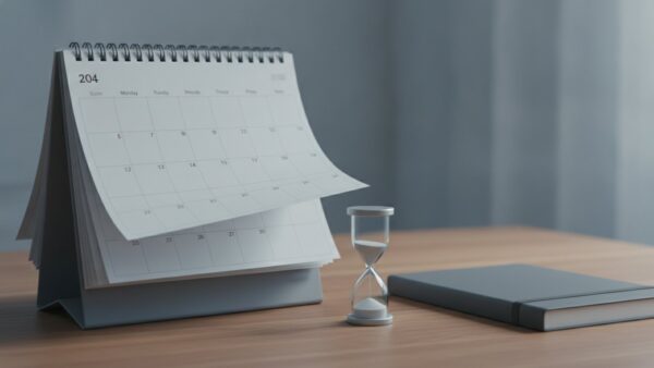 silent hill townfall bild 4 Leerer Kalenderblock mit umgeschlagenen Blättern, eine halb durchgelaufene Sanduhr und ein Notizbuch auf dem Schreibtisch