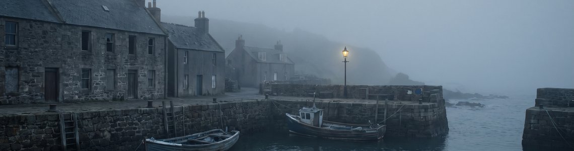 Verlassener Fischerhafen an einer schottischen Küste in dichtem Nebel mit Steinhäusern und einer schwach leuchtenden Laterne