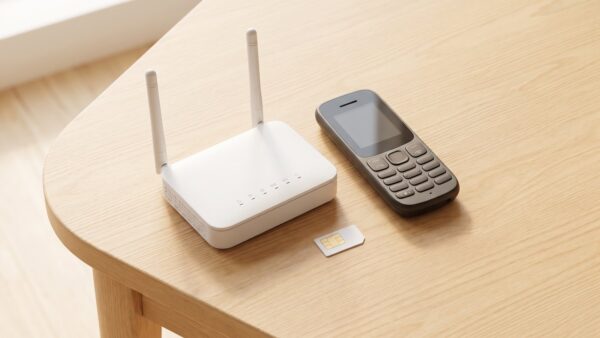 sim pin deaktivieren bild 3 LTE-Router, SIM-Karte und einfaches Tastentelefon nebeneinander