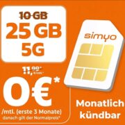 💥 *3 MONATE GRATIS MTL. KÜNDBAR* simyo S 25GB 5G + Alles-Flat im o2-Netz - danach 6,99€/Monat + 0€ AG