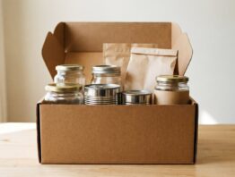 sirplus bild 1 Offener Versandkarton mit unbedruckten Lebensmittelverpackungen