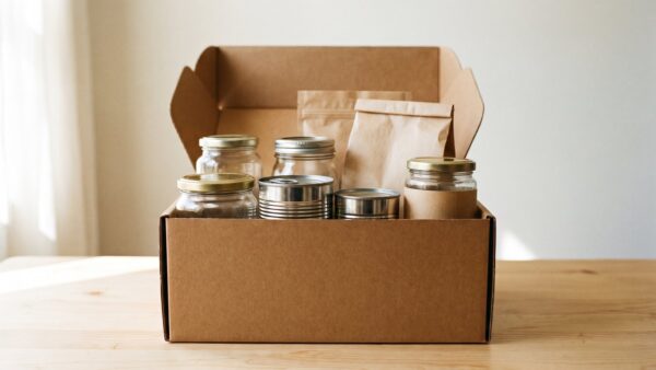 sirplus bild 1 Offener Versandkarton mit unbedruckten Lebensmittelverpackungen