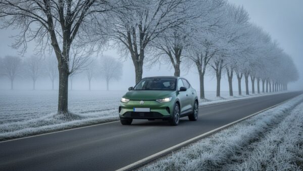 skoda epiq bild 2 Kompaktes Elektro-Crossover auf einer frostigen Landstraße bei Raureif und Bodennebel