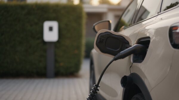 skoda epiq bild 4 Ladekabel in der Ladeklappe eines hellen Elektro-Crossover vor einer Wandladestation an einer Hauseinfahrt