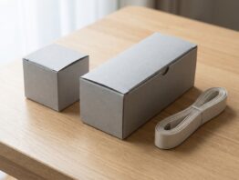 Zwei unbedruckte graue Kartons in deutlich unterschiedlicher Größe nebeneinander auf einem Holztisch