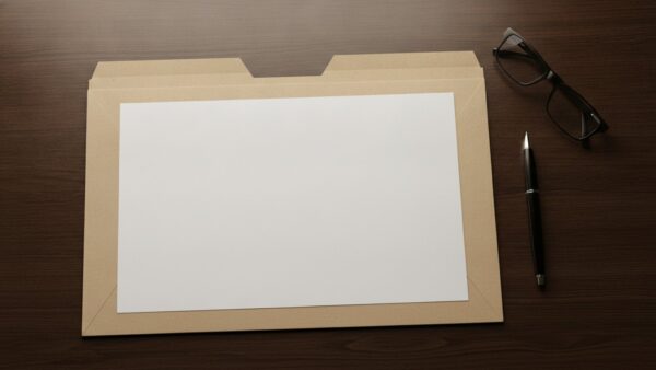 skoda peaq bild 3 Aufgeschlagene beige Mappe mit leerem Blatt neben Kugelschreiber und Lesebrille