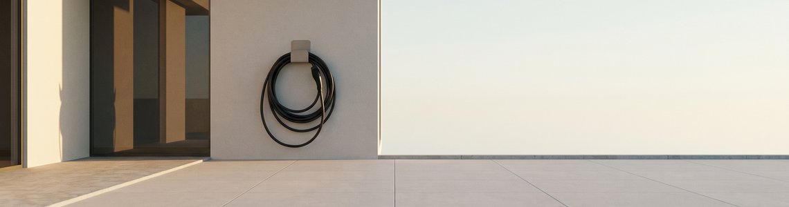 Leere Einfahrt vor einem Wohnhaus mit aufgerolltem Ladekabel an der Hauswand