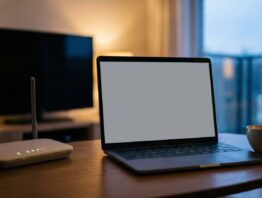 Laptop mit leerem Bildschirm neben einem WLAN-Router und einer Teetasse auf dem Couchtisch