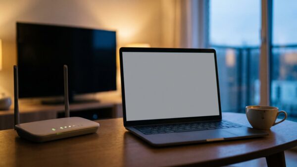 sky login bild 1 Laptop mit leerem Bildschirm neben einem WLAN-Router und einer Teetasse auf dem Couchtisch