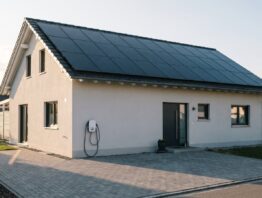 Einfamilienhaus mit Photovoltaikanlage auf dem Dach und Wandladebox an der Hausfassade