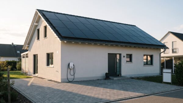 smart meter bild 1 Einfamilienhaus mit Photovoltaikanlage auf dem Dach und Wandladebox an der Hausfassade