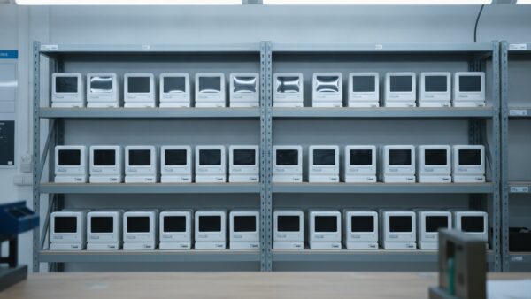 smart meter bild 2 Metallregal mit aufgereihten weißen Zählergehäusen und einigen noch leeren Fächern