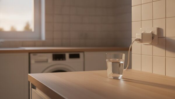 smart meter bild 3 Helle Küche im Abendlicht mit einem schlichten Zwischenstecker in der Wandsteckdose