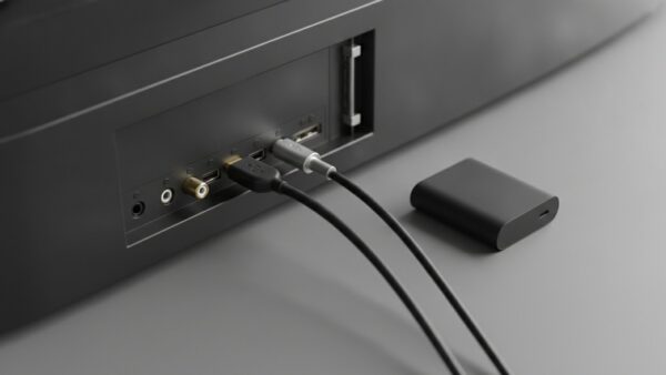 smart tv datenschutz bild 2 Anschlussleiste auf der RĂĽckseite eines Fernsehers mit Kabeln und kleinem Streaming-Adapter