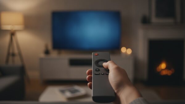 smart tv datenschutz bild 3 Hand mit Fernbedienung vor einem unscharfen Fernseher mit dunkelblauer Bildschirmfläche