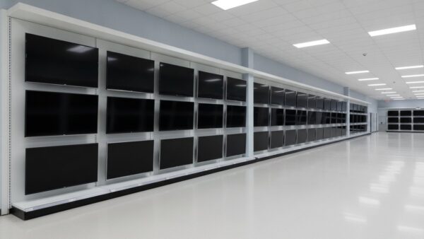 smart tv datenschutz bild 4 Reihe flacher Fernseher mit schwarzen Bildschirmen an einer Wand im Elektronikmarkt