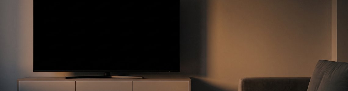 Großer Fernseher mit schwarzem Bildschirm in einem abgedunkelten Wohnzimmer